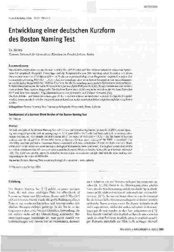 Vorschauseite 1: Entwicklung einer deutschen Kurzform des Boston NamingTest