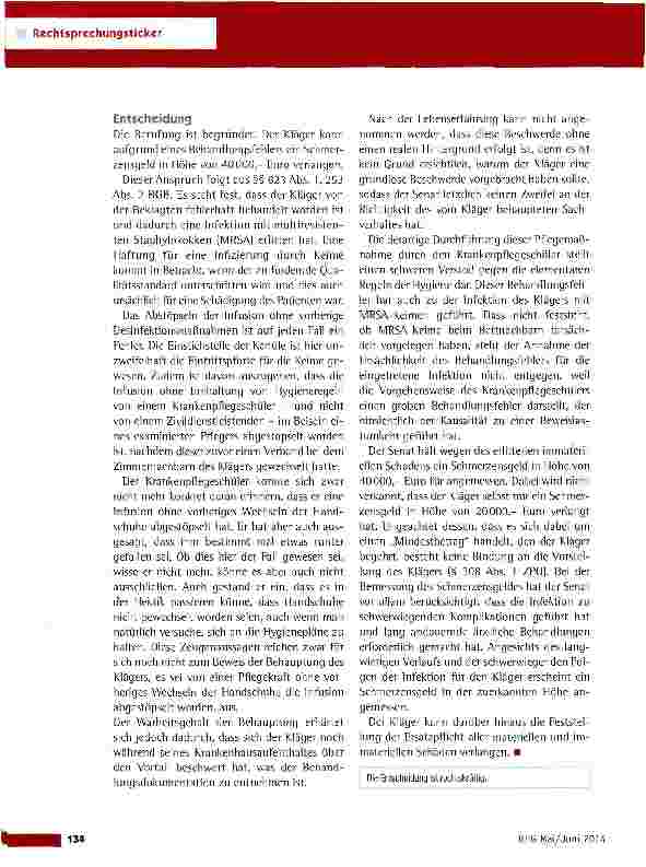 Vorschauseite 2: MRSA-Infektion durch Missachtung von Hygienestandards OLG Hamm vom 8.11.2013 (26 U 62/12)