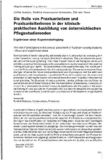 Vorschauseite 1: Die Rolle von Praxisanleitern und Praxisanleiterinnen in der klinisch-praktischen Ausbildung von österreichischen Pflegestudierenden