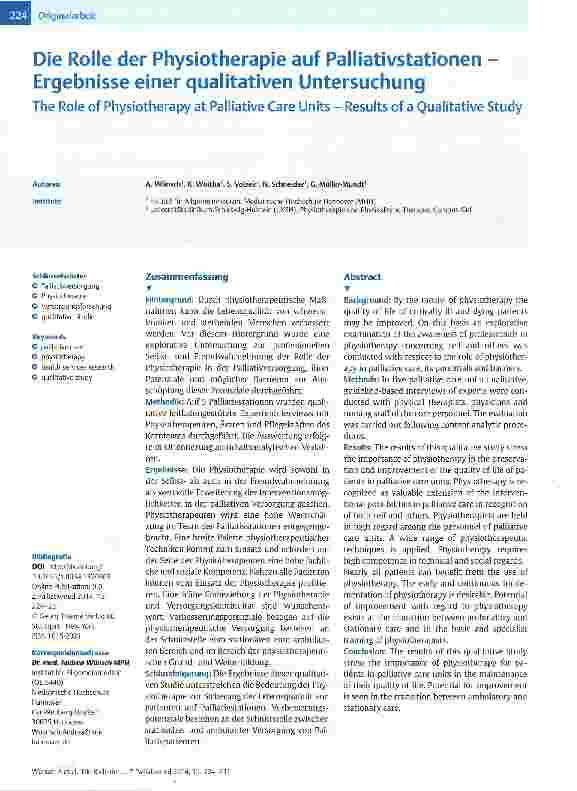 Vorschauseite 1: Die Rolle der Physiotherapie auf Palliativstationen -Ergebnisse einer qualitativen Untersuchung