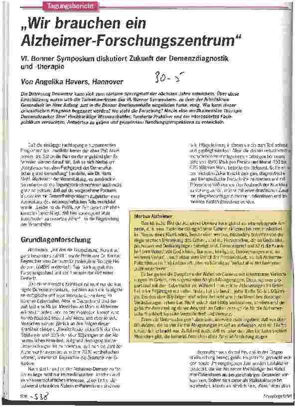 Vorschauseite 1: Wir brauchen ein Alzheimer-Forschungszentrum VI.Bonner Symposium diskutiert Zukunft der Demenzdiagnostik +-therapie