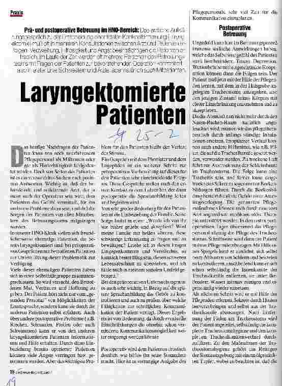 Vorschauseite 1: Laryngektomierte Patienten Präund postoperative Betreuung im HNO-Bereich