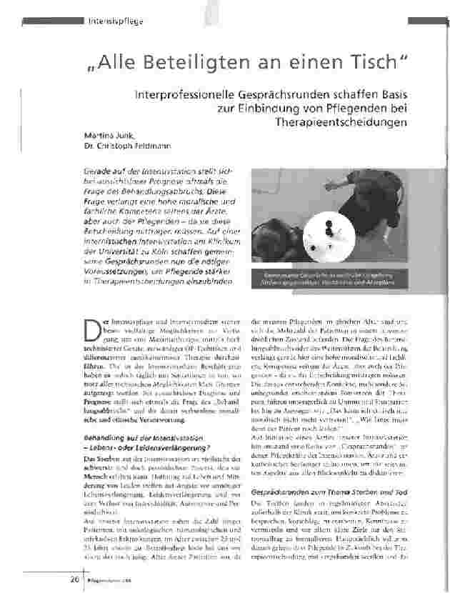 Vorschauseite 1: Alle Beteiligten an einen TischInterprofessionelle Gesprächsrunden schaffen Basis zur Einbindung von Pflegenden bei Therapieentscheidungen