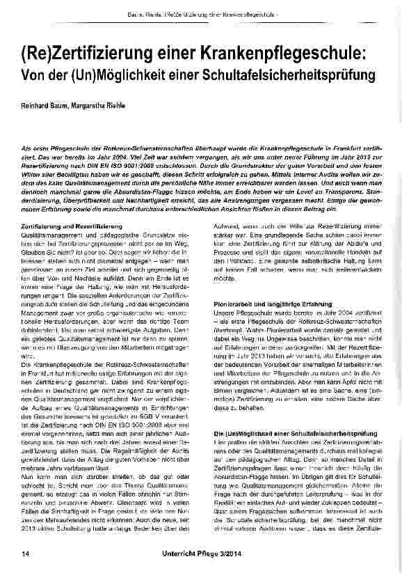 Vorschauseite 1: (Re)Zertifizierung einer Krankenpflegeschule: Von der (Un)Möglichkeit einer Schultafelsicherheitsprüfung