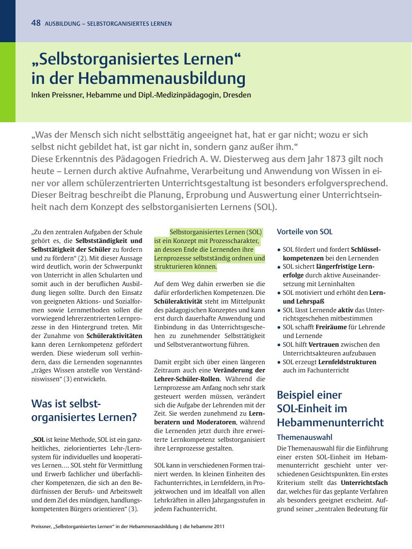 Vorschauseite 1: „Selbstorganisiertes Lernen” in der Hebammenausbildung
