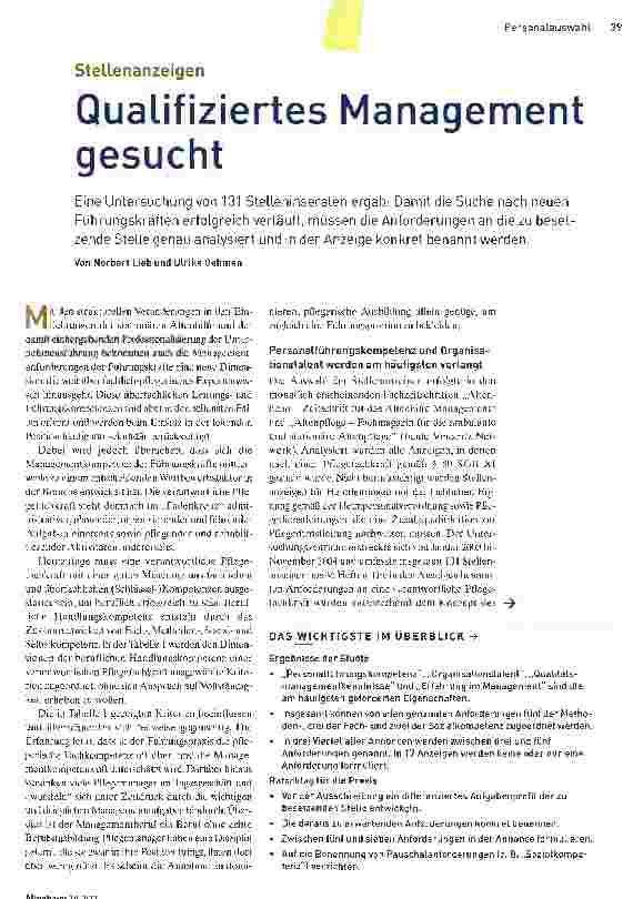Vorschauseite 1: Qualifiziertes Management gesucht