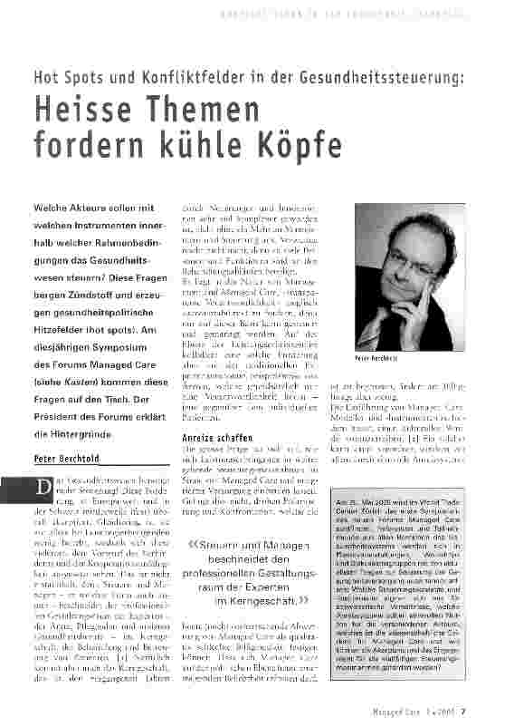 Vorschauseite 1: Hot Spots und Konfliktfelder in der Gesundheitssteuerung: Heisse Themen fordern kühle Köpfe