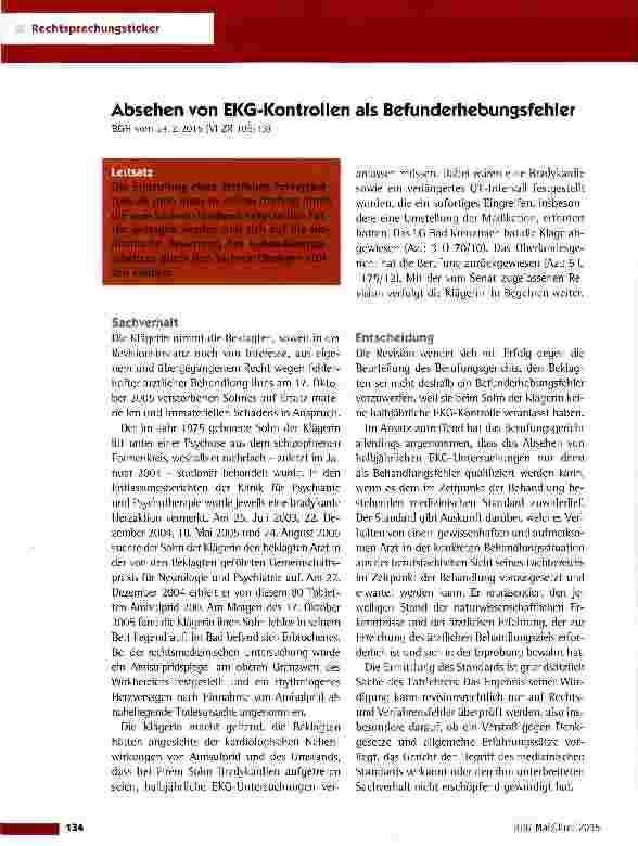 Vorschauseite 1: Absehen von EKG-Kontrollen als Befunderhebungsfehler BGH vom 24. 2. 2015 (VI ZR 106/13)