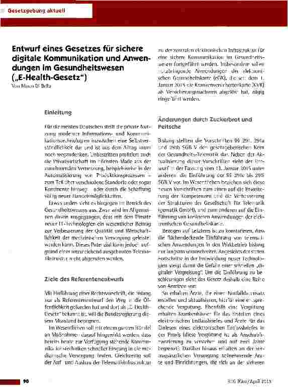Vorschauseite 1: Entwurf eines Gesetzes für sichere digitale Kommunikation und Anwen-dungen im Gesundheitswesen („E-Health-Gesetz)