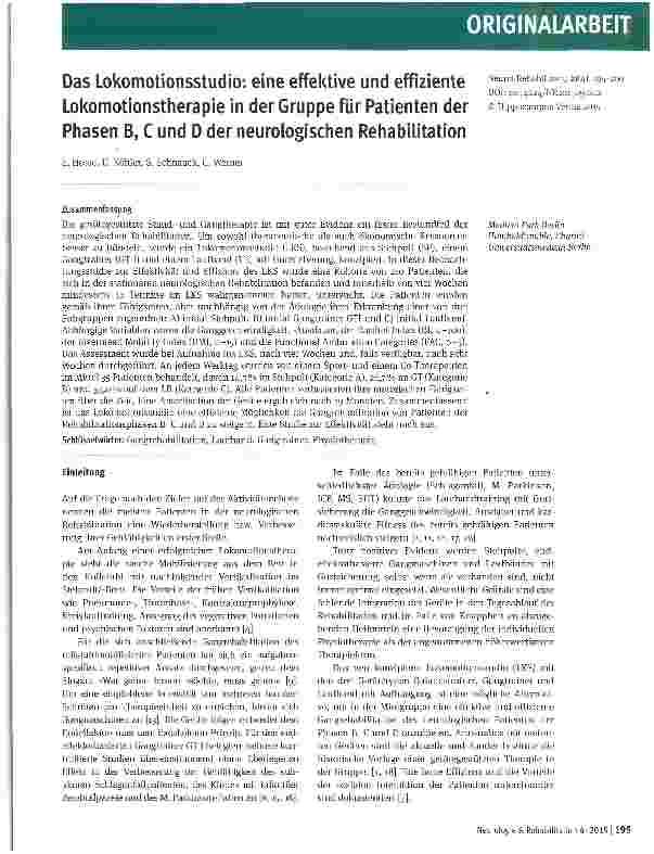 Vorschauseite 1: Das Lokomotionsstudio: eine effektive und effiziente Lokomotionstherapie in der Gruppe für Patienten der Phasen B, C und D der neurologischen Rehabilitation