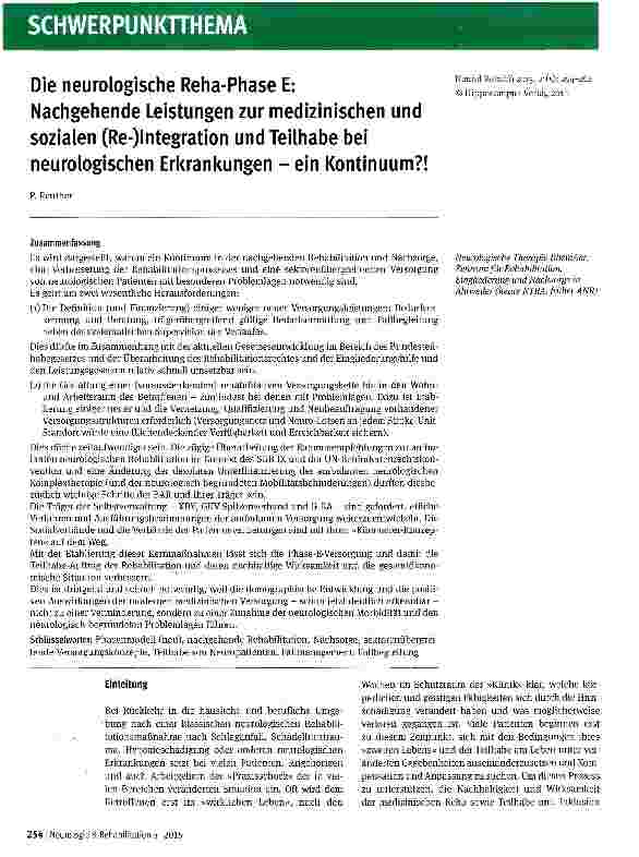 Vorschauseite 1: Die neurologische Rena-Phase E: Nachgehende Leistungen zur medizinischen und sozialen (Re-)lntegration und Teilhabe bei neurologischen Erkrankungen - ein Kontinuum? !