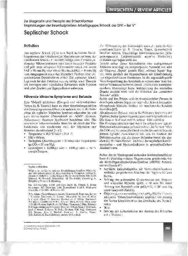 Vorschauseite 1: Septischer Schock. Zur Diagnostik und Therapie der SchockformenEmpfehlungen der Interdisziplinären Arbeitsgruppe Schock der DIVI - Teil V