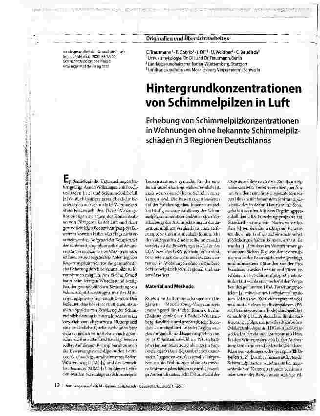 Vorschauseite 1: Hintergrundkonzentrationen von Schimmelpilzen in LuftErhebung von Schimmelpilzkonzentrationen in Wohnungen ohne bekannte Schimmelpilzschäden in 3 Regionen Deutschlands