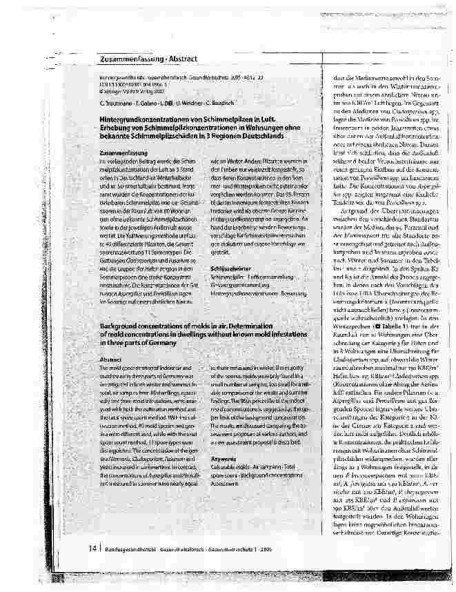 Vorschauseite 3: Hintergrundkonzentrationen von Schimmelpilzen in LuftErhebung von Schimmelpilzkonzentrationen in Wohnungen ohne bekannte Schimmelpilzschäden in 3 Regionen Deutschlands