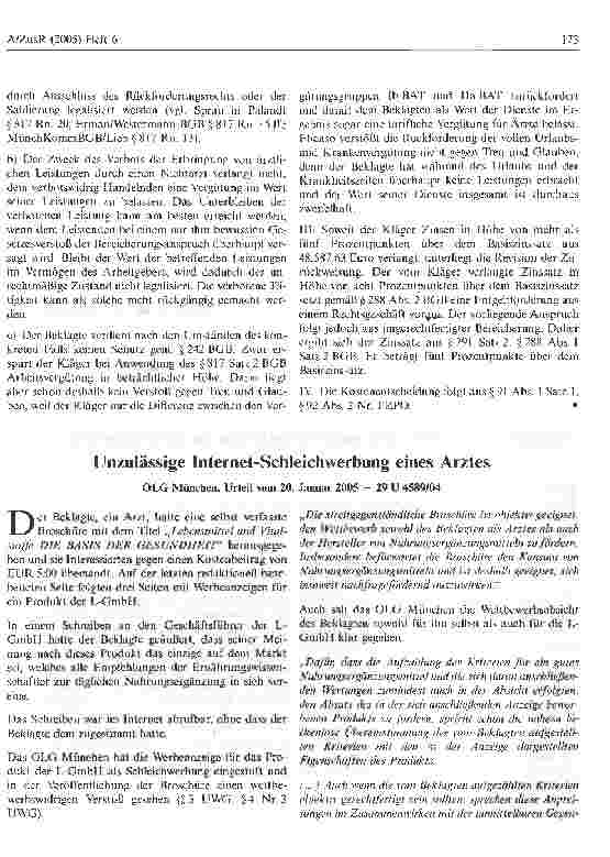 Vorschauseite 1: Unzulässige Internet-Schleichwerbung eines Arztes