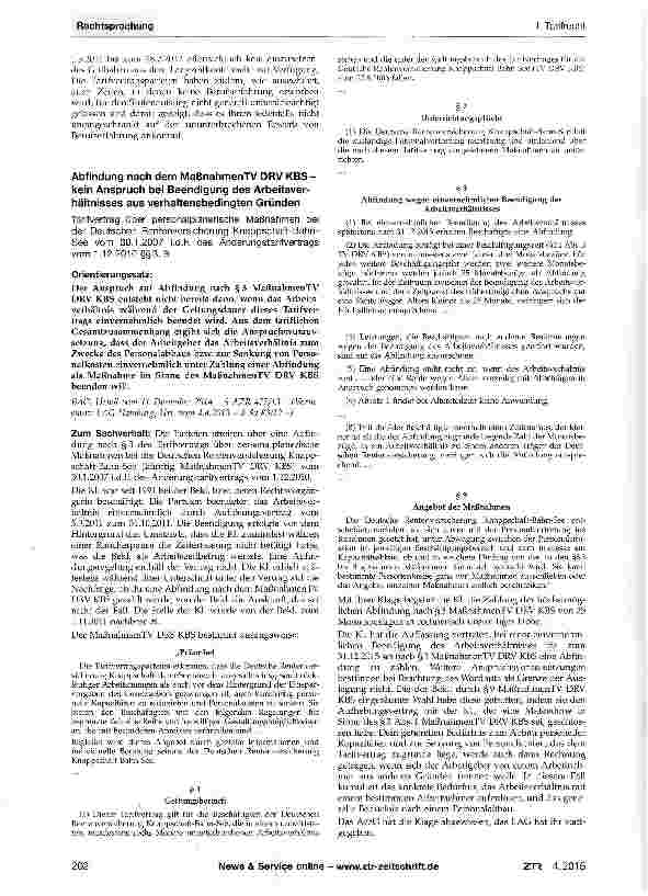 Vorschauseite 1: Abfindung nach dem MaßnahmenTV DRV KBS -kein Anspruch bei Beendigung des Arbeitsver-hältnisses aus verhaltensbedingten Gründen