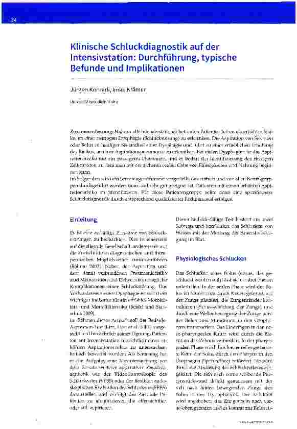 Vorschauseite 1: Klinische Schluckdiagnostik auf der Intensivstation: Durchführung, typische Befunde und Implikationen
