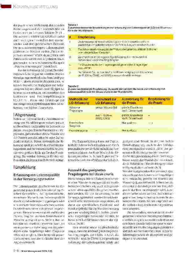 Vorschauseite 2: Empfehlungen zur Erfassung der gesundheitsbezogenen Lebensqualität in der Behandlung des Ulcus cruris unter Praxisbedingungen