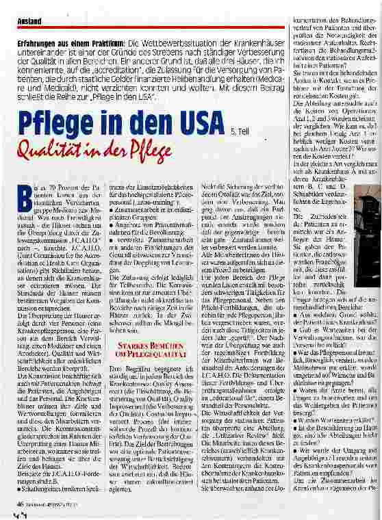 Vorschauseite 1: Pflege in den USA 5. Teil Qualität in der Pflege