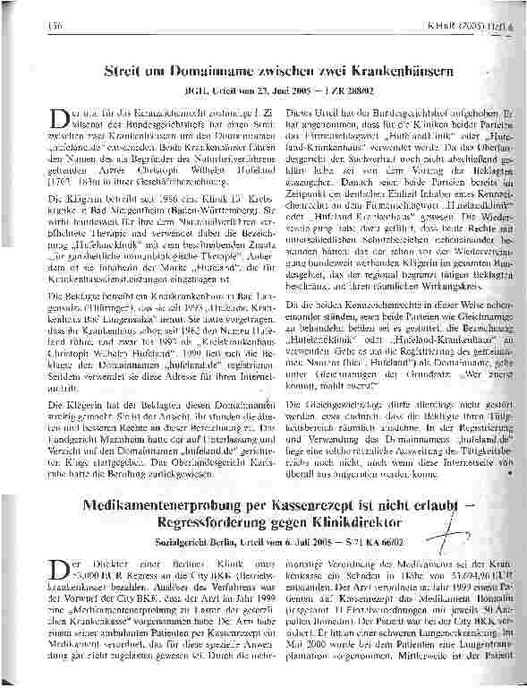 Vorschauseite 1: Medikamentenerprobung per Kassenrezept ist nicht erlaubt- Regressforderung gegen Klinikdirektor