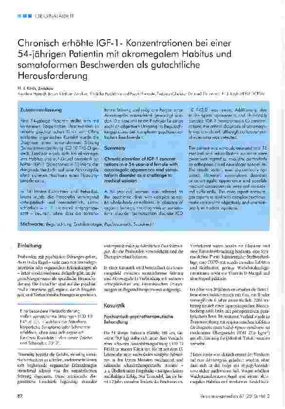 Vorschauseite 1: Chronisch erhöhte IGF-1 - Konzentrationen bei einer 54-jährigen Patientin mit akromegalem Habitus und somatoformen Beschwerden als gutachtliche Herausforderung