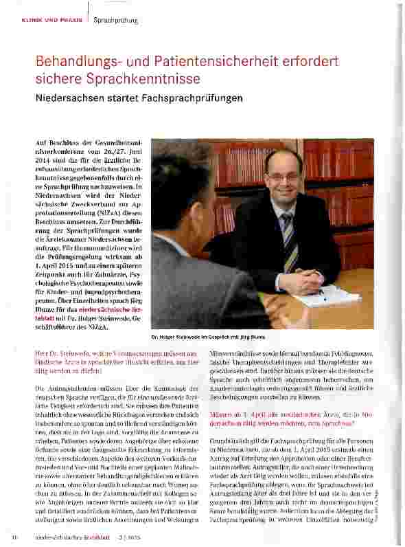 Vorschauseite 1: Behandlungsund Patientensicherheit erfordert sichere SprachkenntnisseNiedersachsen startet Fachsprachprüfungen