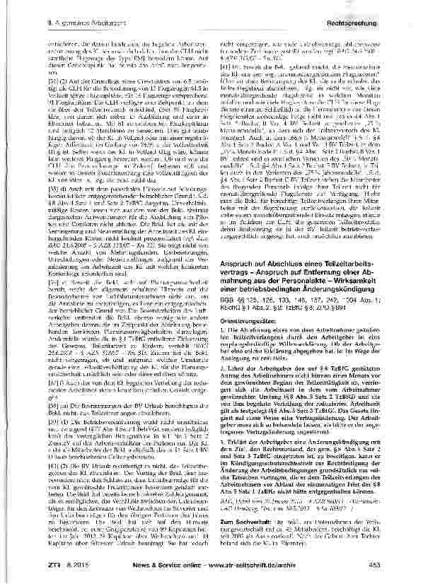 Vorschauseite 1: Anspruch auf Abschluss eines Teilzeitarbeitsvertrags - Anspruch auf Entfernung einer Abmahnung aus der Personalakte - Wirksamkeit einer betriebsbedingten Änderungskündigung
