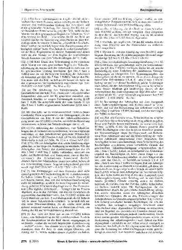 Vorschauseite 3: Anspruch auf Abschluss eines Teilzeitarbeitsvertrags - Anspruch auf Entfernung einer Abmahnung aus der Personalakte - Wirksamkeit einer betriebsbedingten Änderungskündigung