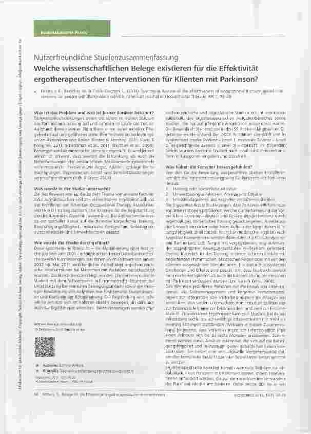 Vorschauseite 1: Nutzerfreundliche Studienzusannmenfassung Welche wissenschaftlichen Belege existieren für die Effektivitätergotherapeutischer Interventionen für Klienten mit Parkinson?