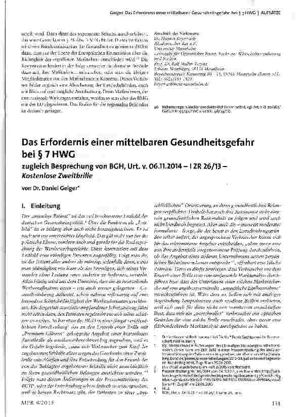 Vorschauseite 1: Das Erfordernis einer mittelbaren Gesundheitsgefahr bei § 7 HWG zugleich Besprechung von BGH, Urt. v. 06.11.2014 -1 ZR 26/13 -Kostenlose Zweitbrille