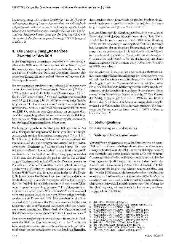 Vorschauseite 2: Das Erfordernis einer mittelbaren Gesundheitsgefahr bei § 7 HWG zugleich Besprechung von BGH, Urt. v. 06.11.2014 -1 ZR 26/13 -Kostenlose Zweitbrille