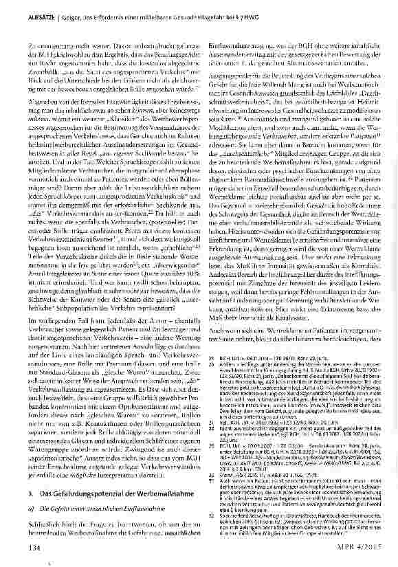 Vorschauseite 4: Das Erfordernis einer mittelbaren Gesundheitsgefahr bei § 7 HWG zugleich Besprechung von BGH, Urt. v. 06.11.2014 -1 ZR 26/13 -Kostenlose Zweitbrille