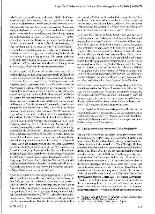 Vorschauseite 5: Das Erfordernis einer mittelbaren Gesundheitsgefahr bei § 7 HWG zugleich Besprechung von BGH, Urt. v. 06.11.2014 -1 ZR 26/13 -Kostenlose Zweitbrille