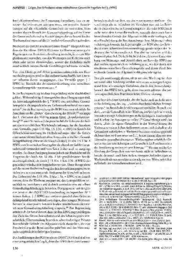 Vorschauseite 6: Das Erfordernis einer mittelbaren Gesundheitsgefahr bei § 7 HWG zugleich Besprechung von BGH, Urt. v. 06.11.2014 -1 ZR 26/13 -Kostenlose Zweitbrille