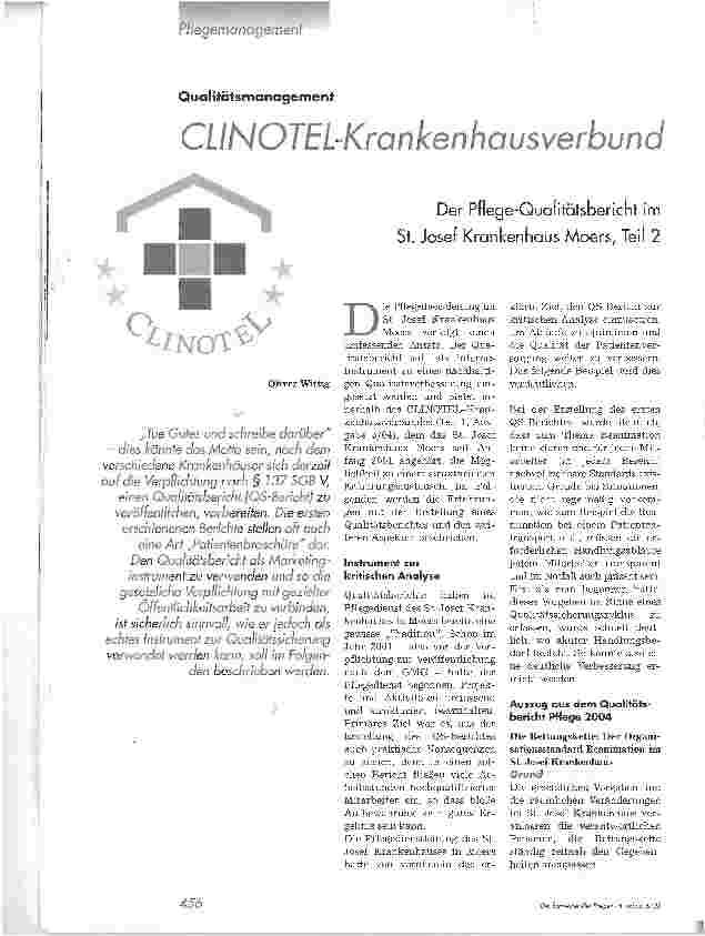 Vorschauseite 1: CLINOTEL-KrankenhausverbundDer Pflege-Qualitätsbericht im St. Josef Krankenhaus Moers, Teil 2