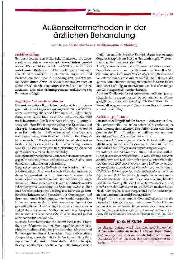 Vorschauseite 1: Außenseitermethoden in der ärztlichen Behandlung
