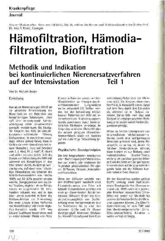 Vorschauseite 1: Hämofiltration, Hämodiafiltration, Biofiltration Methodik und Indikation bei kontinuierlichen Nierenersatzverfahren auf der Intensivstation