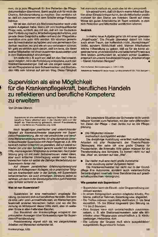Vorschauseite 1: Supervision als eine Möglichkeit für die Krankenpflege, berufliches Handeln zu reflektieren und berufliche Kompetenz zu erweitern