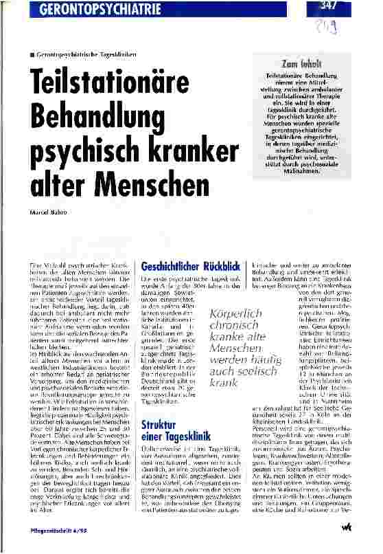 Vorschauseite 1: Teilstationäre Behandlung psychisch kranker alter Menschen Gerontopsychiatrische Tageskliniken