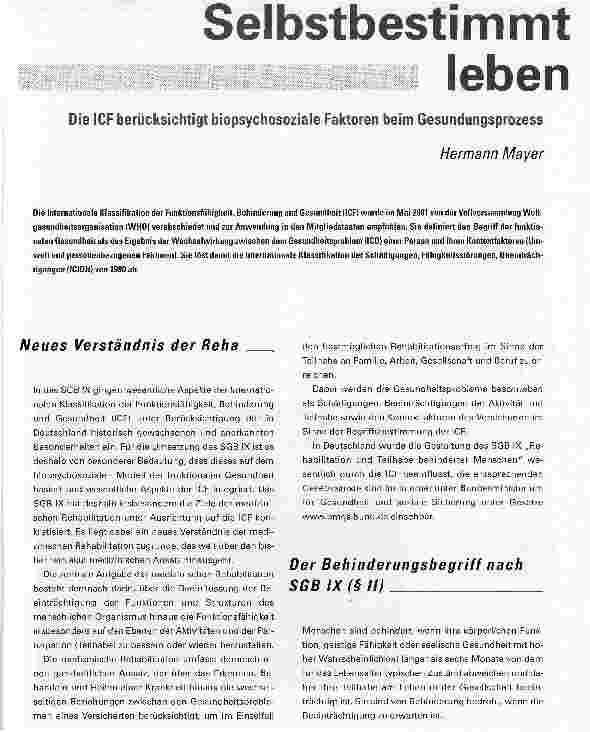 Vorschauseite 1: Selbstbestimmt lebenDie ICF berücksichtigt biopsychosoziale Faktoren beim GesundungsprozessSelbstbestimmtleben