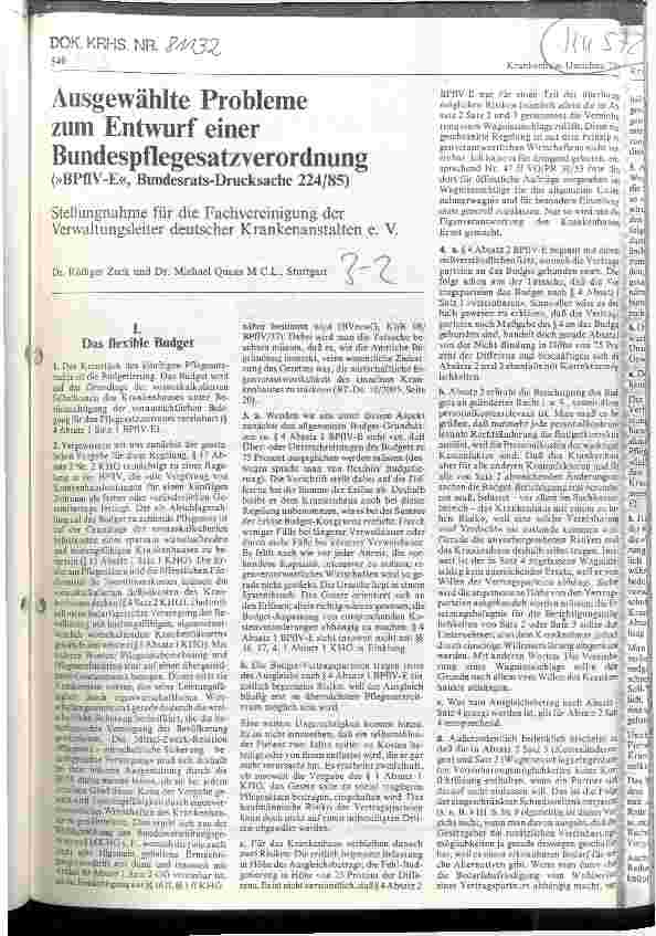 Vorschauseite 1: Ausgewählte Probleme zum Entwurf einer Bundespflegesatzverordnung