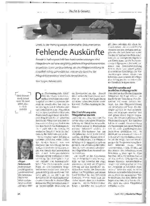 Vorschauseite 1: Fehlende Auskünfte. Urteil: In der Haftung wegen lückenhafter Dokumentation