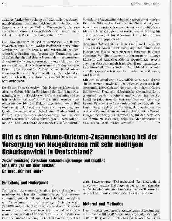 Vorschauseite 1: Gibt es einen Volume-Outcome-Zusammenhang bei der Versorgung von Neugeborenen mit sehr niedrigem Geburtsgewicht in Deutschland