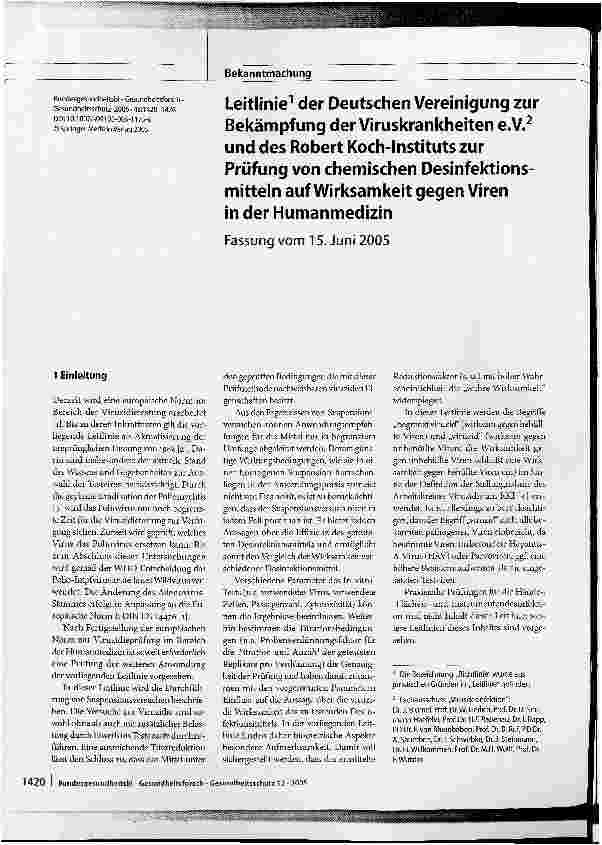 Vorschauseite 1: Leitlinie1 der Deutschen Vereinigung zur Bekämpfung der Viruskrankheiten e.V.2 und des Robert Koch-Instituts zur Prüfung von chemischen Desinfektionsmitteln auf Wirksamkeit gegen…