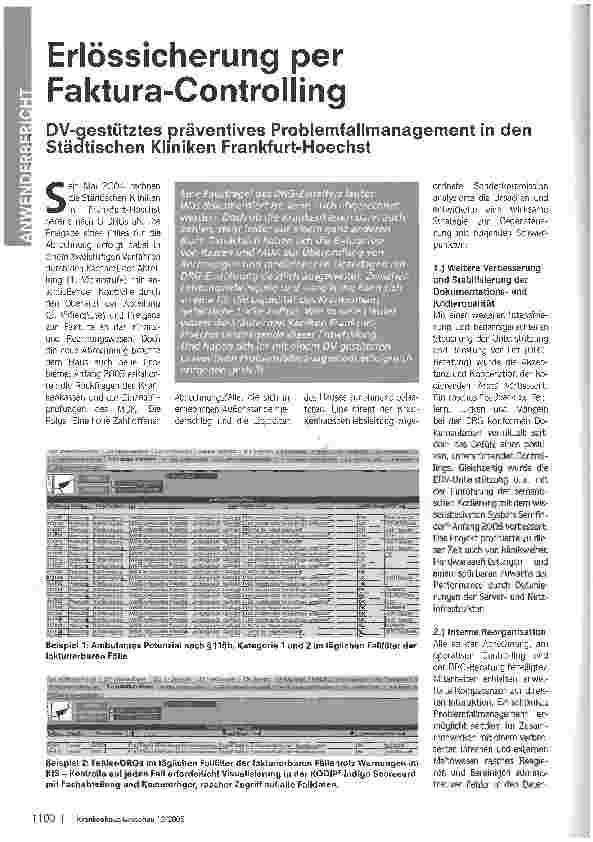 Vorschauseite 1: Erlössicherung per Faktura-ControllingDV-gestütztes präventives Problemfallmanagement in den Städtischen Kliniken Frankfurt-Hoechst