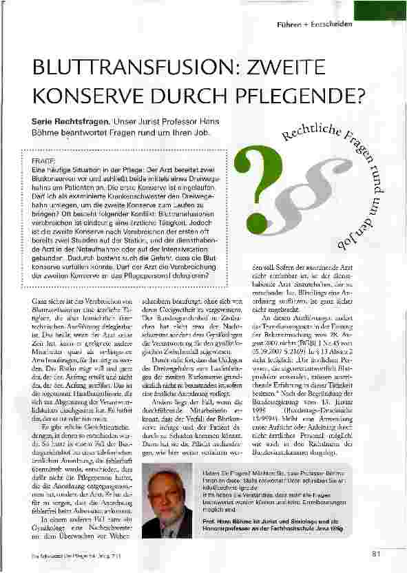 Vorschauseite 1: BLUTTRANSFUSION: ZWEITE KONSERVE DURCH PFLEGENDE?