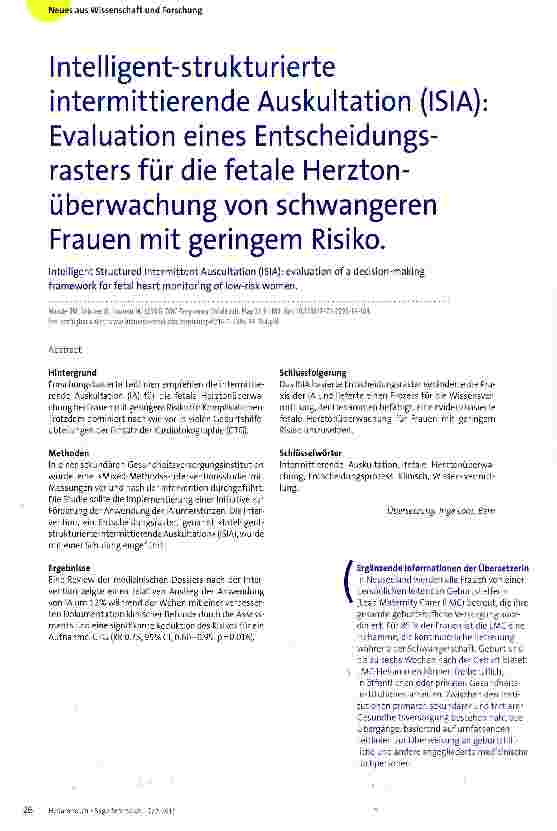 Vorschauseite 1: Intelligent strukturierte intermittierende Auskultation (ISIA): Evaluation eines Entscheidungs-rasters für die fetale Herzton-überwachung von schwangeren Frauen mit geringem Risik…