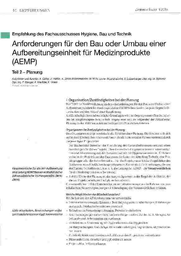 Vorschauseite 1: Anforderungen für den Bau oder Umbau einer Aufbereitungseinheit für Medizinprodukte (AEMP) Teil 2 - Planung