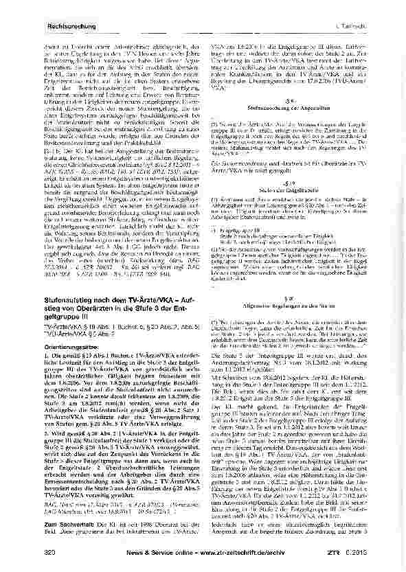Vorschauseite 1: Stufenaufstieg nach dem TV-Arzte/VKA - Auf-stieg von Oberärzten in die Stufe 3 der Ent-geltgruppe III TV-Ärzte/VKA §19 Abs. 1 Buchst c, §20 Abs. 2, Abs. 5; TVÜ-Ärzte/VKA§6Abs.2