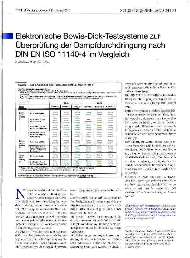 Vorschauseite 1: Elektronische Bowie-Dick-Testsysteme zur Überprüfung der Dampfdurchdringung nach DIN EN ISO 11140-4 im Vergleich